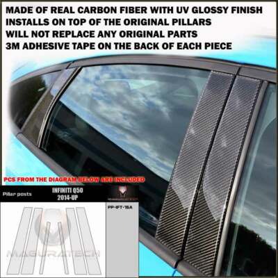 FITS INFINITI Q50 2014-19 REAL BLACK CARBON FIBER WINDOW PILLAR POSTS - 6 PCS