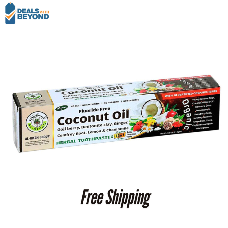 Organic Coconut oil Herbal Toothpaste Al Riyan 10 in 1 Fluoride free, Pack of 6