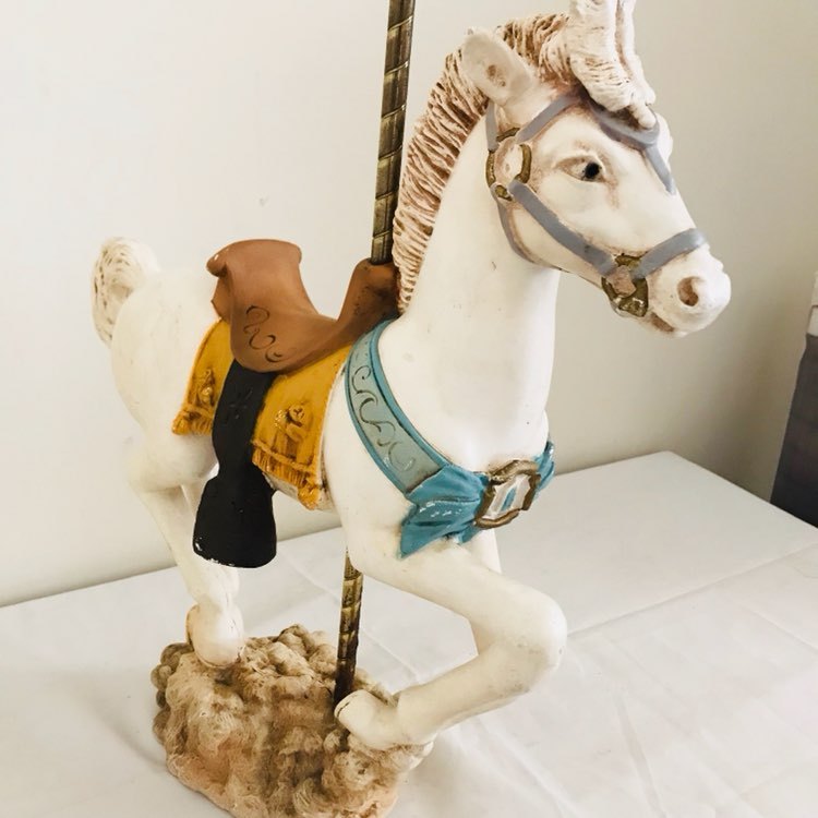 Carousel Circus Horse Figurine Metal Pole on Stand Sculpture White Vintage 18