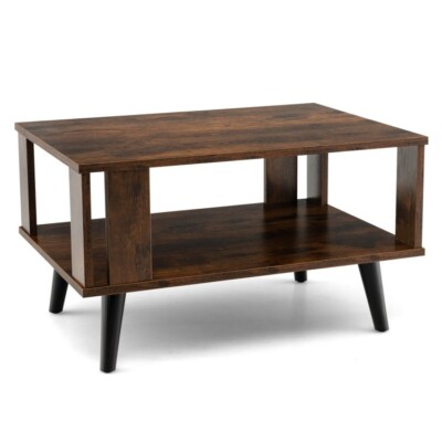 Double Layer Mid-Century Modern Coffee Table Living Room w/ Storage Open Shelf