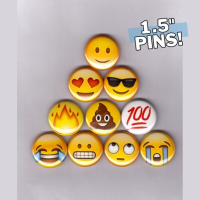 EMOJIS 1.5'' PINS / BUTTONS emoji smiley heart poop 100 shirt sticker emoticon
