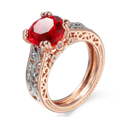 Double Color Natural Round Fire Red Garnet  Rose Gold Plated Silver Ring Sz 6-10