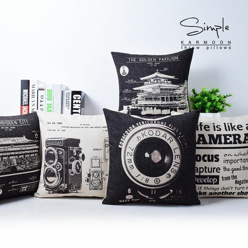 Linen Cover Vintage Camera Case 18 X18 Building White Cushion