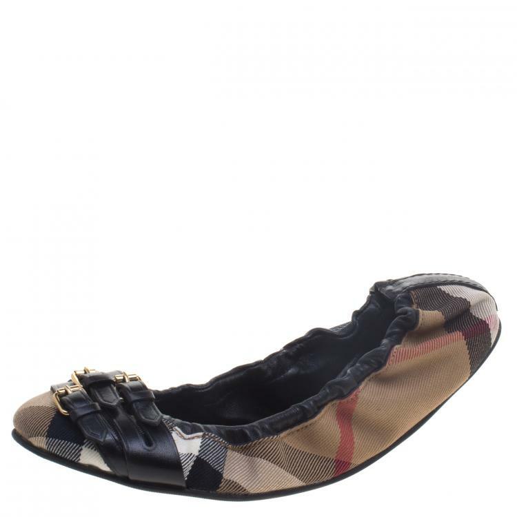 フラットシューズ BURBERRY LEATHER BALLET FLATS Burberry Brown Novacheck Canvas and Leather Buckle Ballet