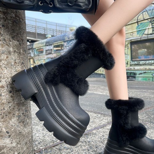 Women's 2024 Fashion Leather Round Toe Fur Trim Platform