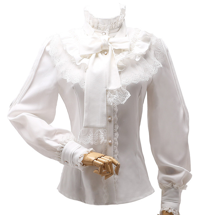 Vintage Womens High Neck Ruffle Victorian Lace Long Sleeves Shirt ...