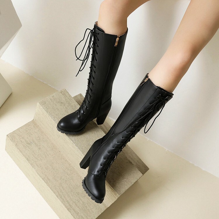 Womens Lace Up Side zip Gothic Mid Calf Boots High Block
