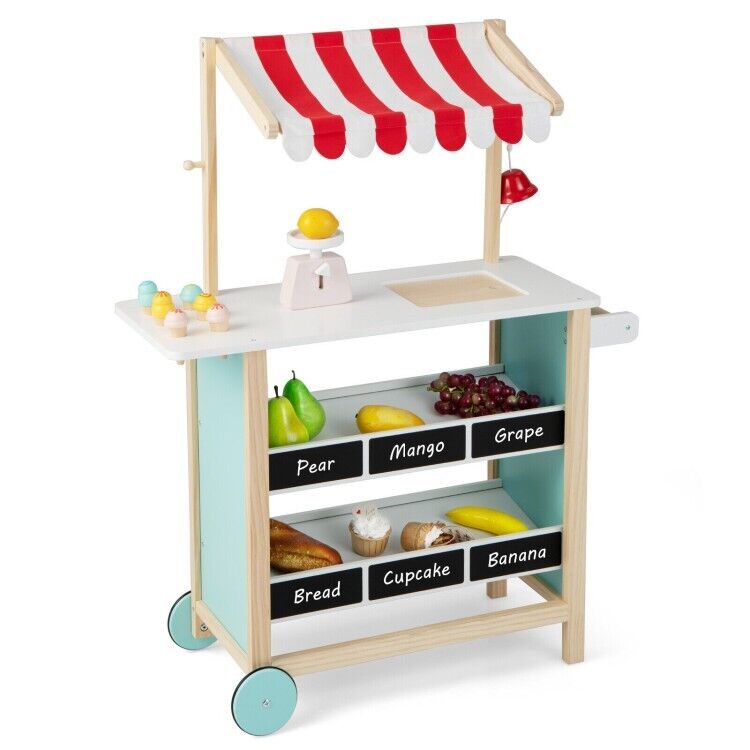 Kids Ice Cream Cart Wooden Toddler Farmers Market Stand w/ Chalkboard & Storage