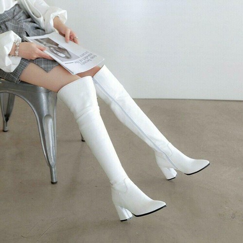 Women's Over Knee High Boots Chunky High Heel Shoes Side Zip