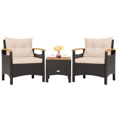 3 Pcs Patio Rattan Furniture Set w/ 2 Chair Coffee Table Removable Seat Cushion