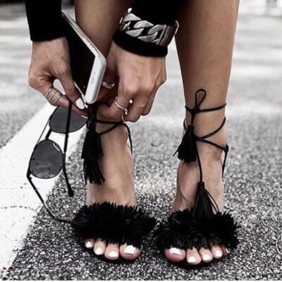 【U LAN】Teg leg warmer sandals Women Fringe Open Toe Tassel Leg Wrap Lace Up Pump Sandal