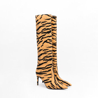 Womens 2022 Fashion Pointy Toe Tiger Print High Heel Knee High Boots Shoes
