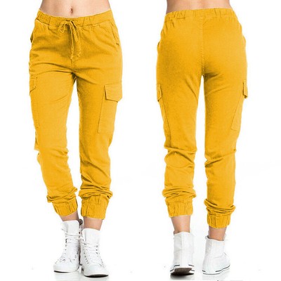 Womens Solid Casual Lace Up Slim Fit Pants Ladies Pocket Jogger Sporty Trousers
