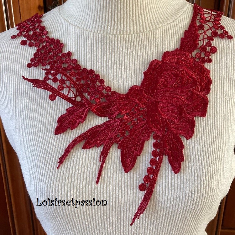 Col Dentelle Plastron Applique BrodÃE Guipure / Rouge Carmin, 26 X 32 Cm, Cd113