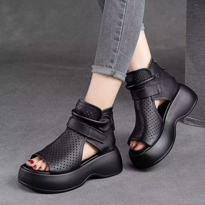Womens Open Toe Back Zipper Roman Style Lady Thick Sole Flat Sandals Ankle Shoes