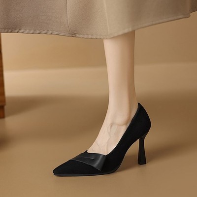 Women Pumps Kitten High Heel Slip On Pointed Toe French Bows Shoes Dress OL