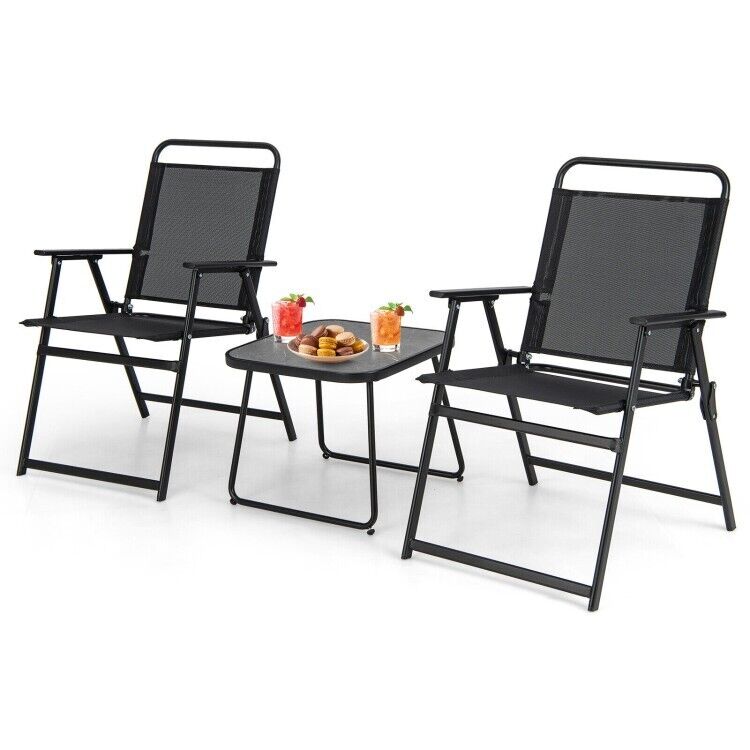 3-piece Outdoor Folding Furniture Set Metal Patio Coffee Table & Chairs Balcony