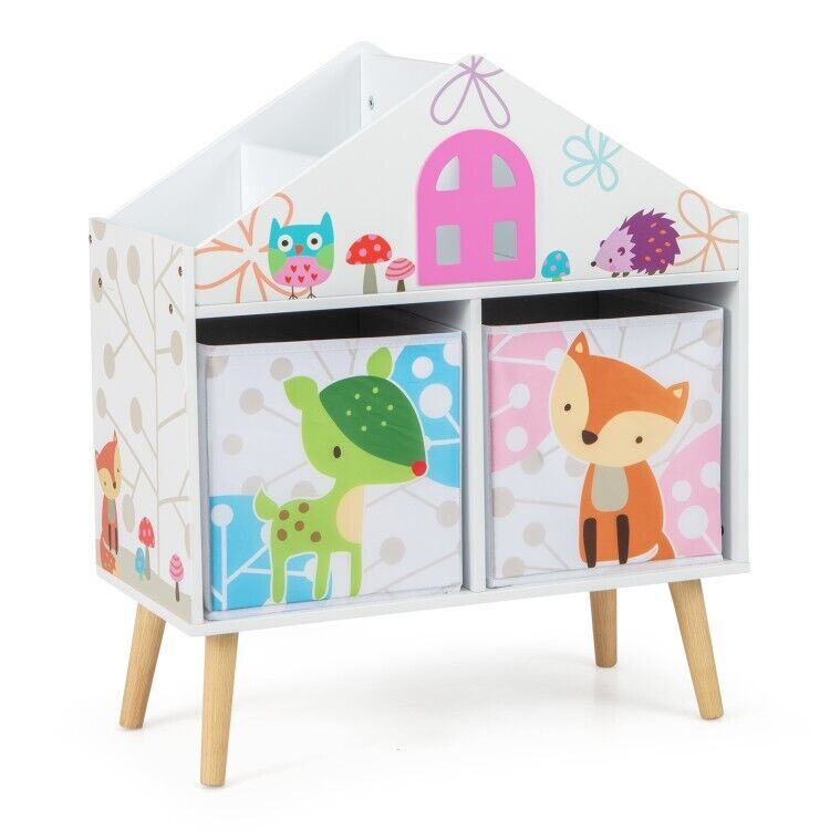 2 Fabric Kid Room Toy Storage Bin Kids House-shaped Bookshelf w/ Pine Wood Leg
