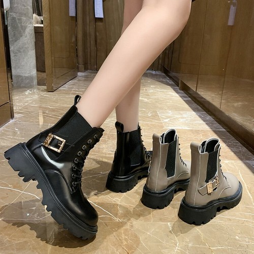 Women's Fashion Leather Buckle Elastic TopLace Up Combat