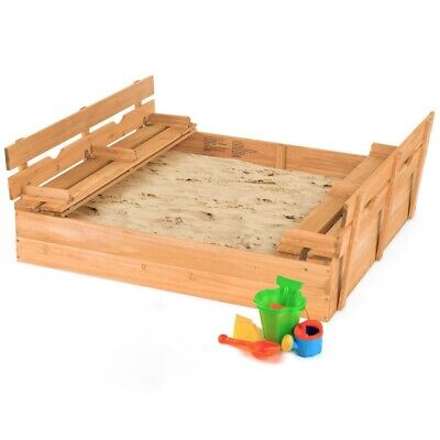 Kids Wooden Outdoor Sandbox 2 Foldable Bench Seats Sand Protection Playing Area