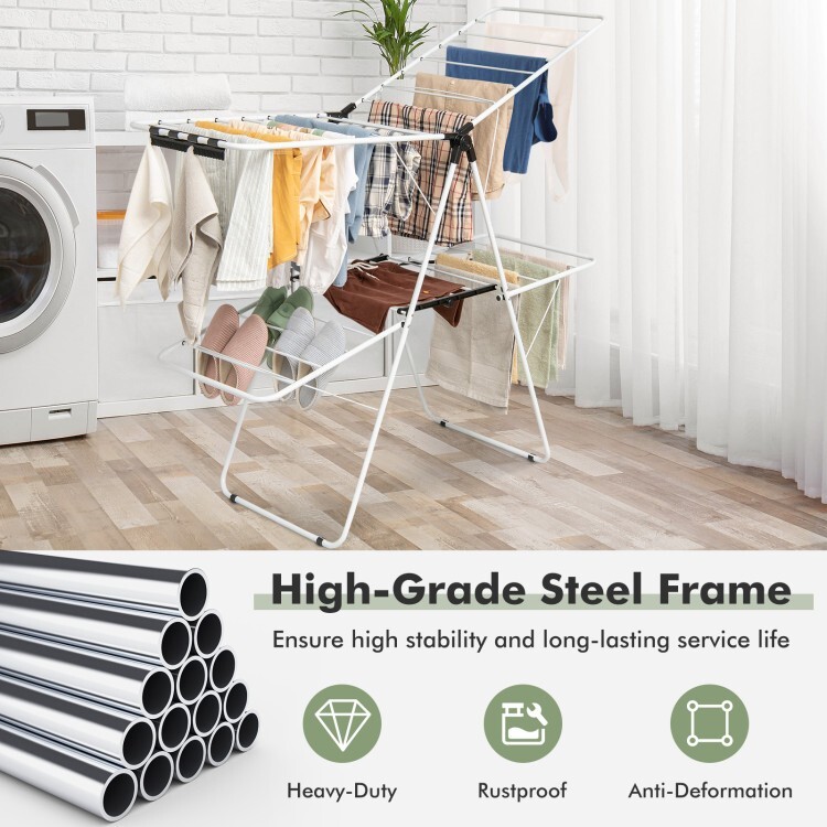 Costway Foldable 2-Level Steel Clothes Drying Rack w/ Height-Adjustable Gullwing