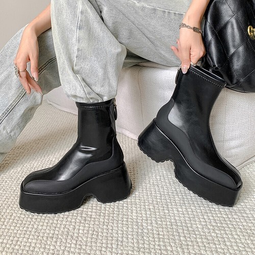 Women' 2024 Fashion Square Toe Zipper Platform Stretched