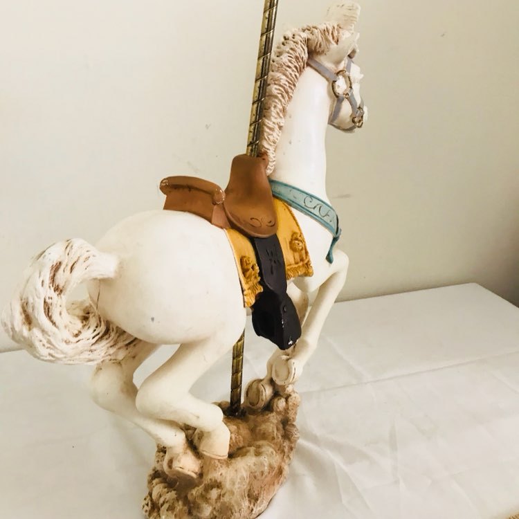 Carousel Circus Horse Figurine Metal Pole on Stand Sculpture White Vintage 18