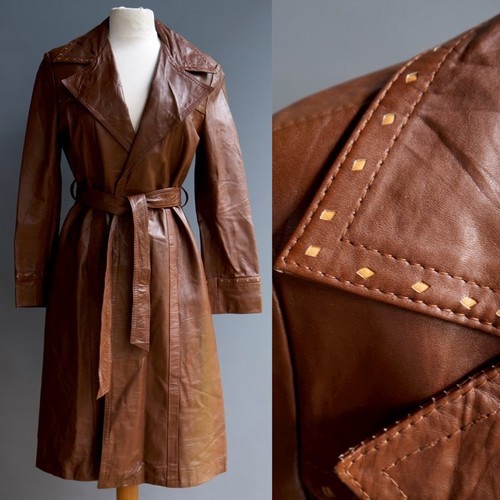 VTG 70s 3/4 Length Cognac Leather Dress Coat Jacket Diamond
