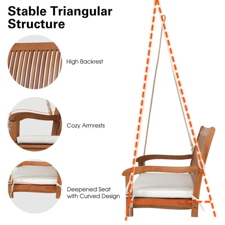 2-Person Hanging Porch Swing Wood Bench Backyard Natural W/ Cushion Curved Back