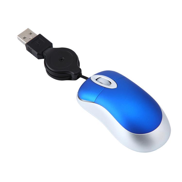 Mini Mouse Ottico Rotellina Filo Cavo Usb Retrattile 1600dpi Blu Pc hsb