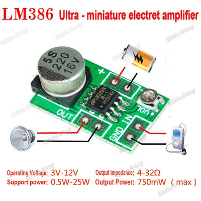 Mini LM386 Audio Power Amplifier Board DC 3V12V 5V Microphone Amp Module 750mW
