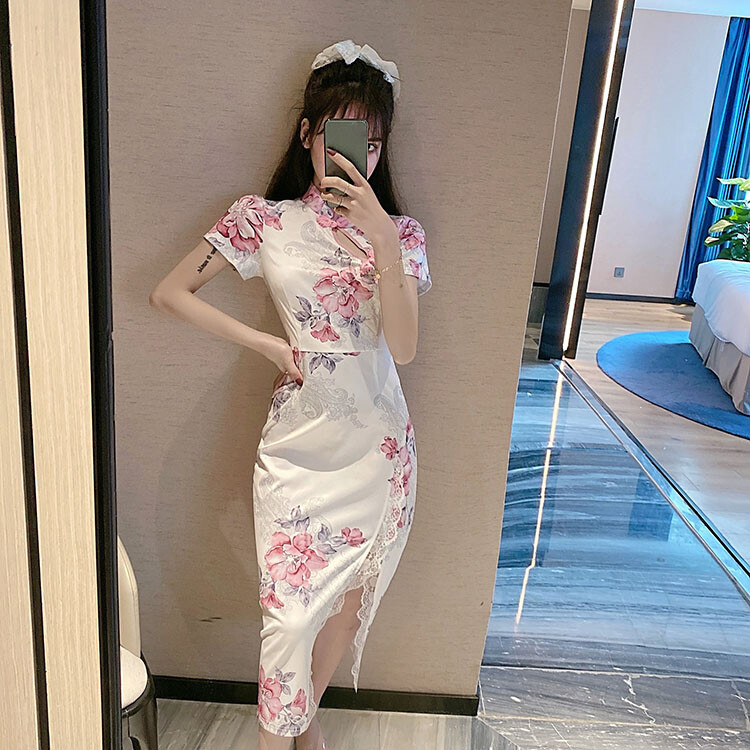 ♡ yuhan wang 小花柄 キャミソール ♡ Womens Cheongsam Bodycon Dress Pink Floral Printed Side Slit