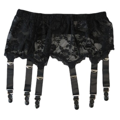 Allacki Black Floral Lace Garter Belt 6 Straps Suspender Belt Sheer Lingerie