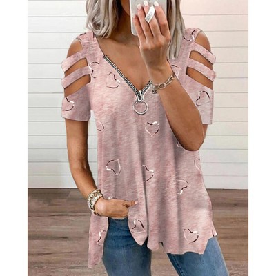 Casual Loosen V Neck Cotton Blend Geometric T-Shirt