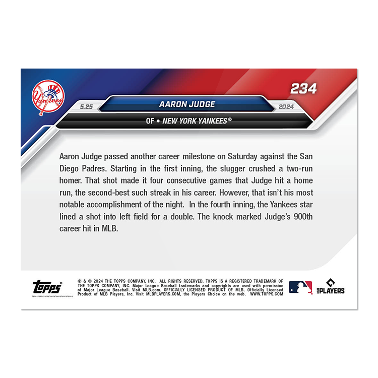 2024 Topps Now 234 Aaron Judge 900th Hit in 4 Straight 1 HR Games-Free Shipping!