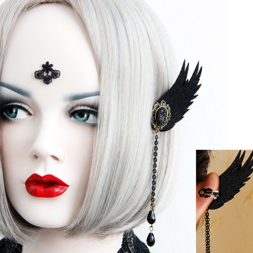 Women Black Leather Butterfly Rhinestone Dangle Goth Stone Drop Earrings Vintage