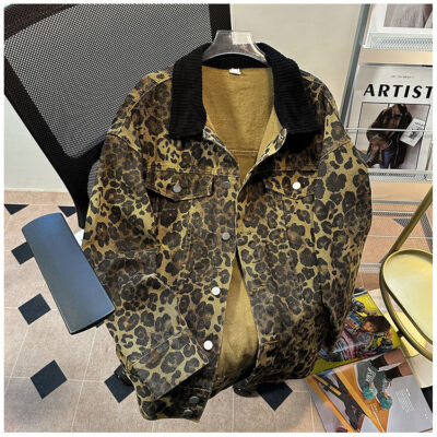 Men's Retro Y2K 90's Punk Party Rock Leopard Print Designer Denim Trucker Jacket