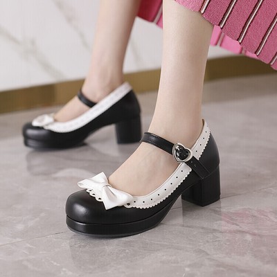 Women's Ankle Strap Shoes Mary Jane Block Heels Lolita Bowtie Princess Pumps