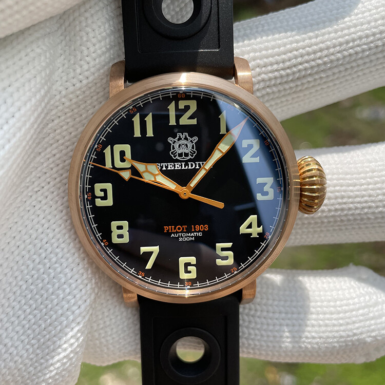 Pre-owned Steeldive 1903 Bronze Diver Watches Super Luminous Unique Crown 200m Pilot Watch