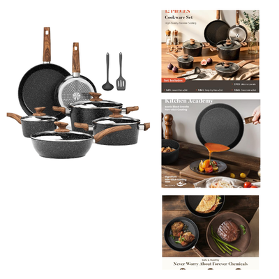 Kitchen Academy Induktion Töpfe Set - 12-teilige Schwarze Granit Kochtöpfe