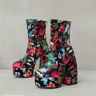 Women's 2022 Fashion Floral Round Toe Platform Block Heel Ankle Boots Shoes SUNS