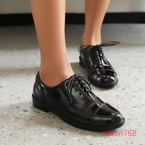 British Shoes Women Round Toe Lace Up Casual Oxfords Patent
