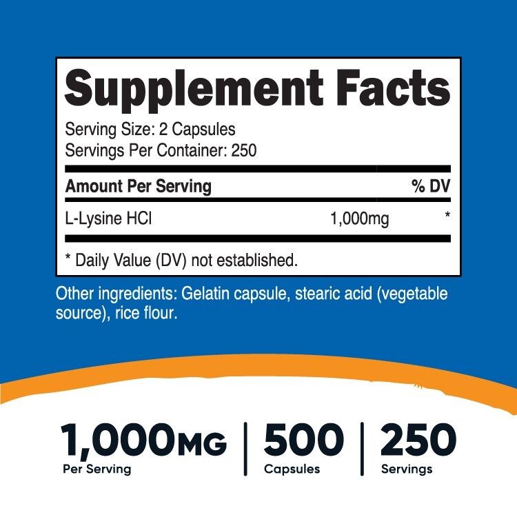 Nutricost L-Lysine 1000mg, 500 Capsules - Gluten Free, Non-GMO, 500mg Per Cap