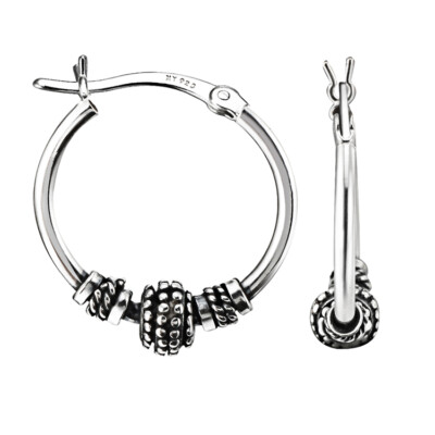 925 Solid Sterling Silver Oxidized Tribal Bali Beaded Hoops Earrings 16mm