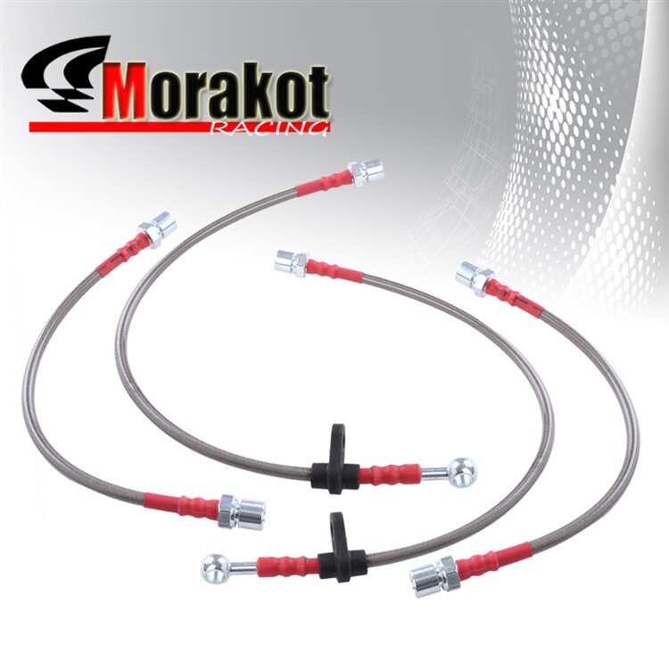 For 93-02 Corolla Stainless Steel Front & Rear Oil Brake Line Cable Silver/Red