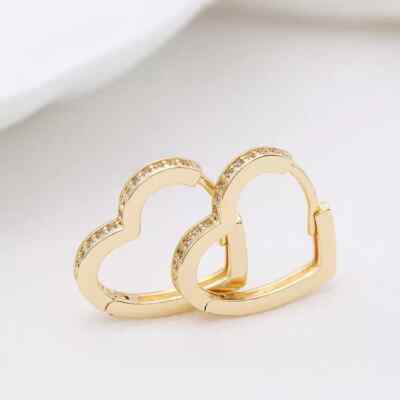 9CT GOLD LADIES HEART HOOP EARRINGS SPARKLING CZ HUGGIE EARRING - 1 Pair 14mm UK