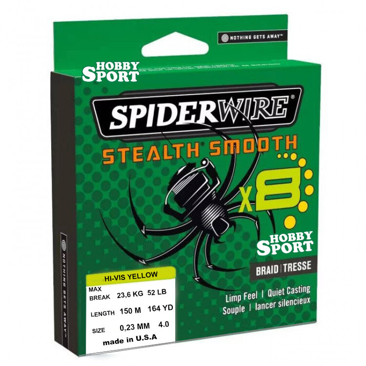 SPIDERWIRE 150 MT 0,23 HI VIS YELLOW JAUNE STEALTH SMOOTH 8 FILI  ORIGINALE USA