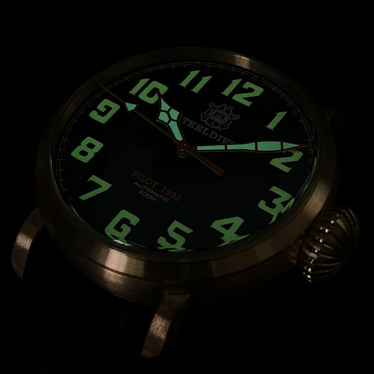 Pre-owned Steeldive 1903 Bronze Diver Watches Super Luminous Unique Crown 200m Pilot Watch