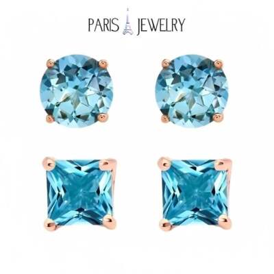 Paris Jewelry 18K Rose Gold 2 Pair Created Blue Topaz 4Mm Round And Princess