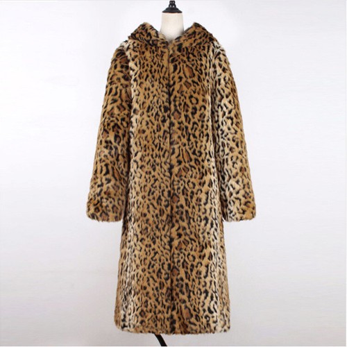 Winter Women Classic Leopard Print Fur Coat Long Hooded Warm